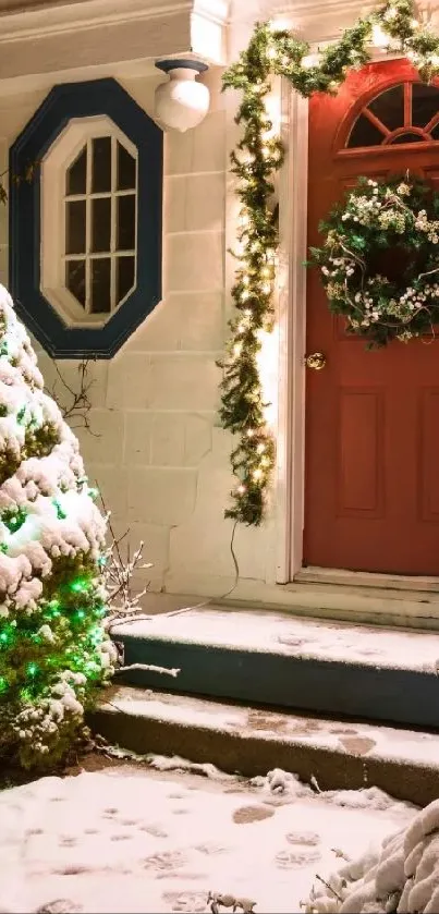 Snowy doorway with Christmas decorations and lights.