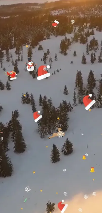 Aerial view of snowy forest with festive Santa hats and snowmen decor.