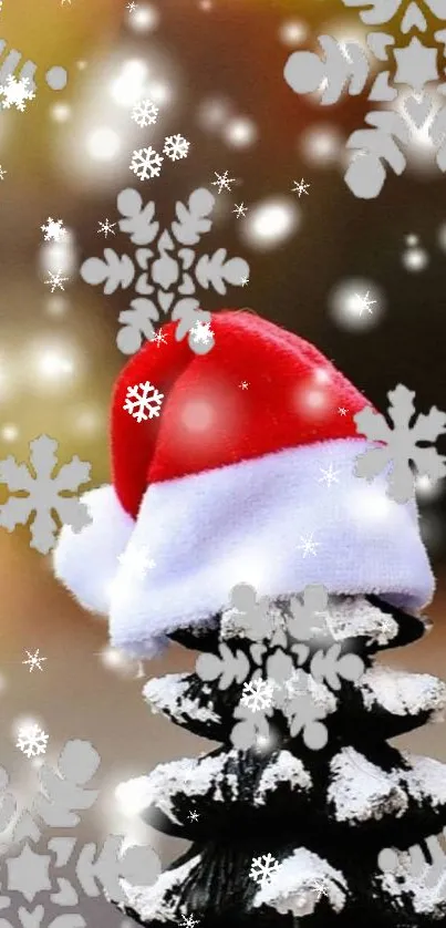 Christmas wallpaper with Santa hat and snowflakes.