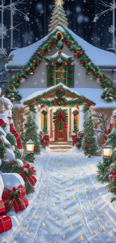 Festive holiday cottage with snow, lights, and Christmas decorations.