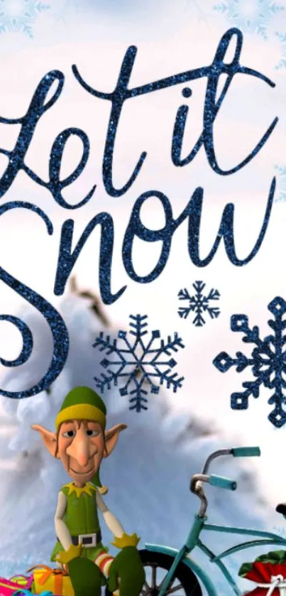 Playful elf with snowflakes and bike, 'Let it Snow' text on holiday wallpaper.