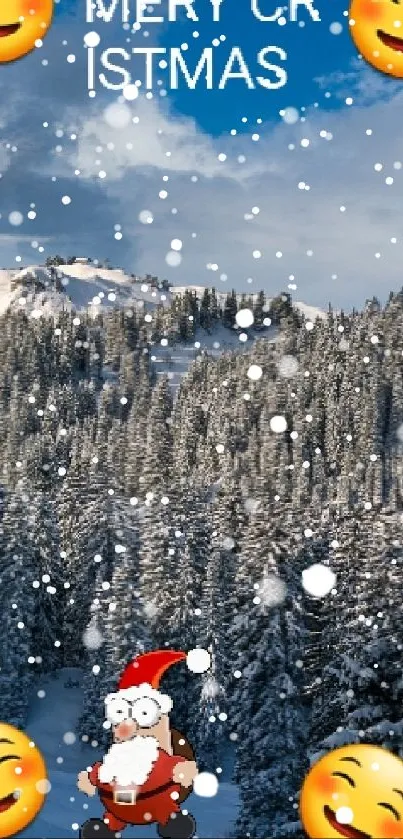 Snowy mountain wallpaper with emojis and 'Merry Christmas' text.