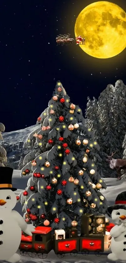 Christmas snowmen and tree under full moon with Santa's sleigh.