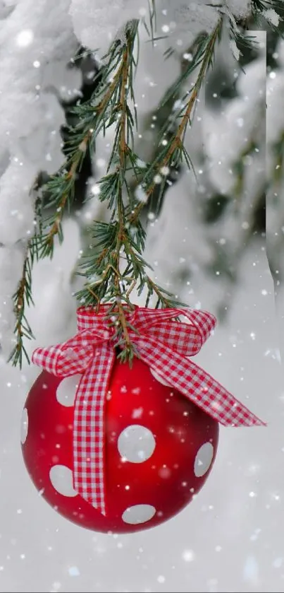 Red polka dot ornament hanging on snow-covered pine branch with gingham ribbon.