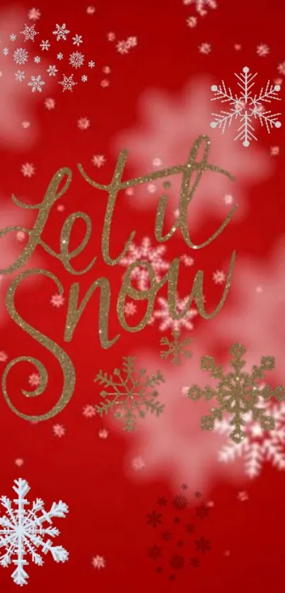 Red festive wallpaper with snowflakes and 'Let it Snow' text.