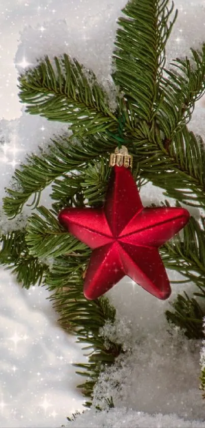 Festive red star ornament on snowy pine branches.