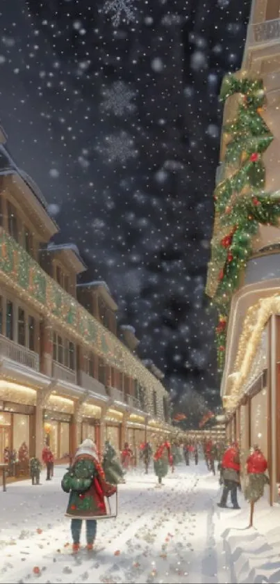 Festive snowy street adorned with Christmas lights and decorations.