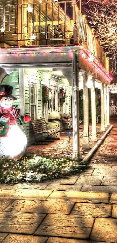Festive street adorned with snowman and colorful lights in winter setting.