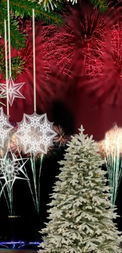 Snowy Christmas tree with fireworks and decorative stars on a mobile wallpaper.