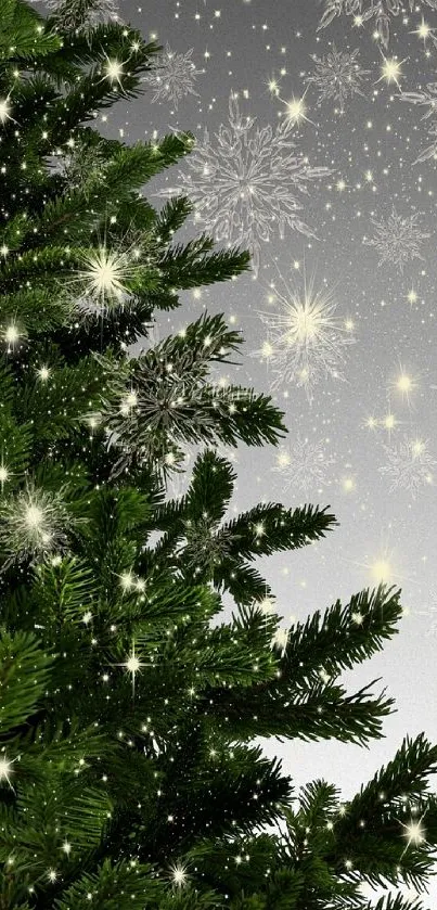 Festive Christmas tree with snowflakes in red and white snowy background.