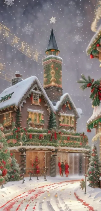 Festive snowy village with Christmas decorations and lights.