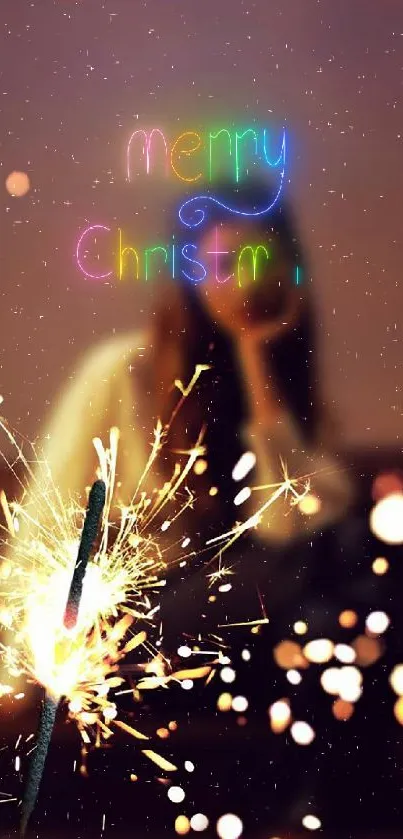 Festive mobile wallpaper with sparkler and Merry Christmas text in neon colors.