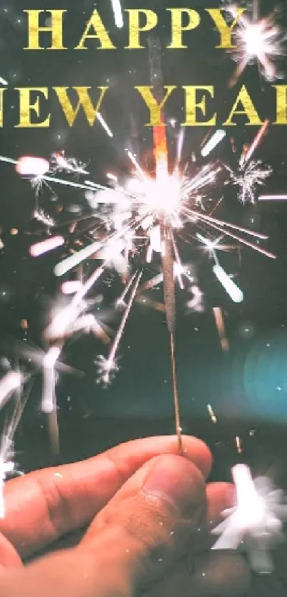 A hand holds a lit sparkler with 'Happy New Year' text.