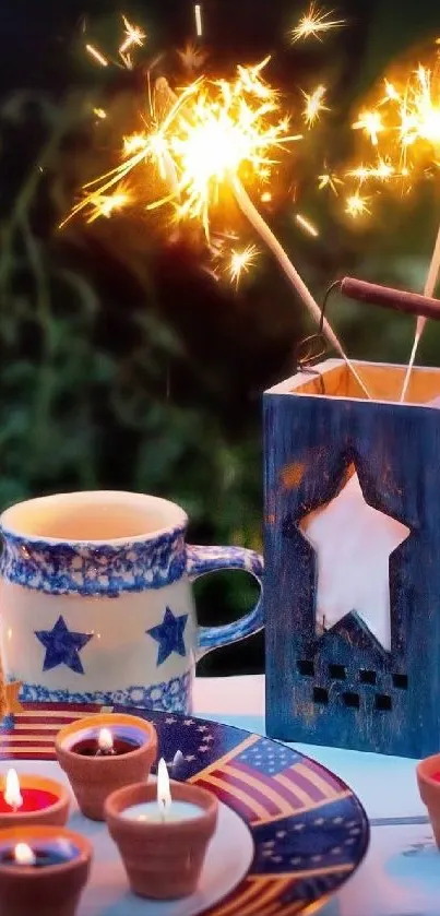 Festive table setting with sparkler candles and patriotic decor.