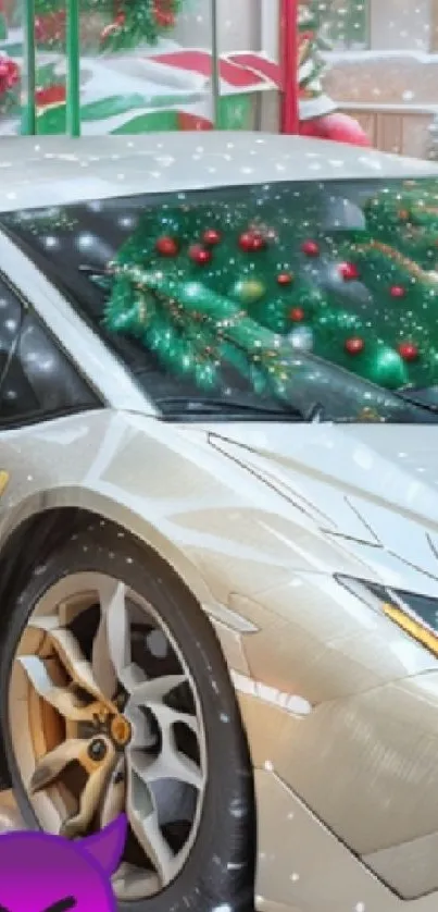 Festive sports car with snowflakes and Christmas wreaths wallpaper.