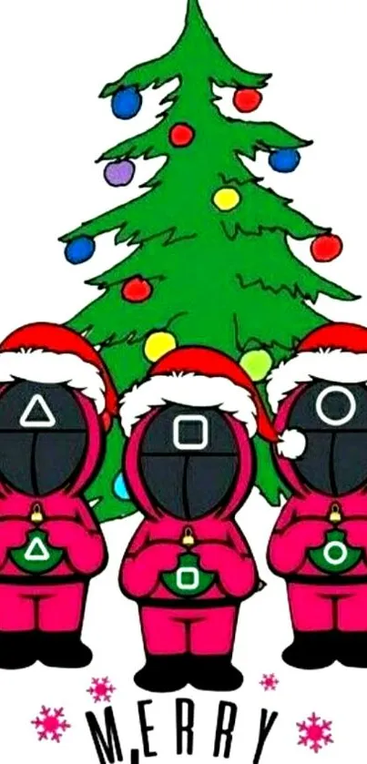 Festive Squid Game guards with Christmas tree.