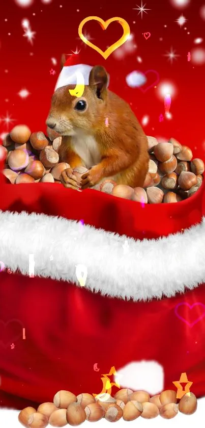 Festive squirrel in Santa hat with nuts on red background.