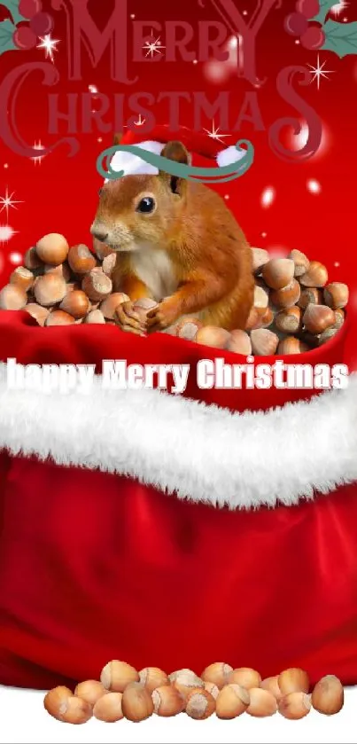 A festive Christmas wallpaper with a squirrel in Santa hat on a red background.