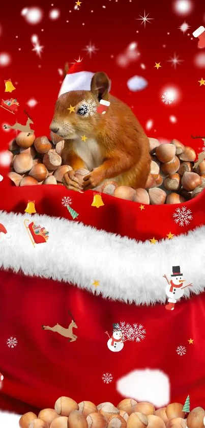 Squirrel in Santa hat with nuts on a red Christmas background.