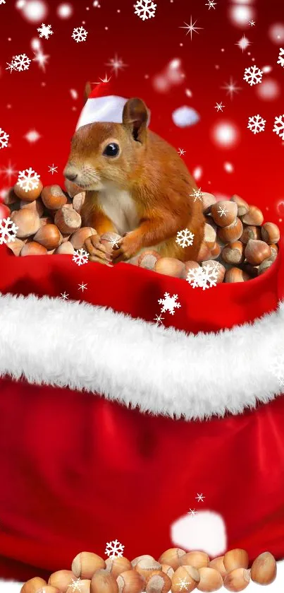 Festive squirrel in Santa hat amidst nuts and snowflakes on red background.