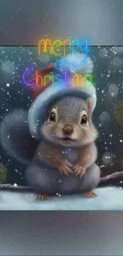 Festive squirrel with Santa hat and Christmas colors.