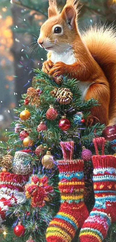 Squirrel on a festive Christmas tree with colorful stockings.