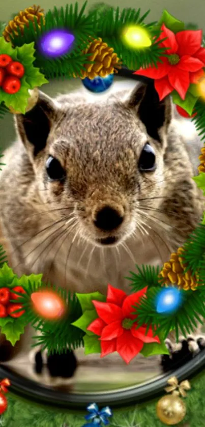 Squirrel framed by a colorful holiday wreath with Christmas decor.