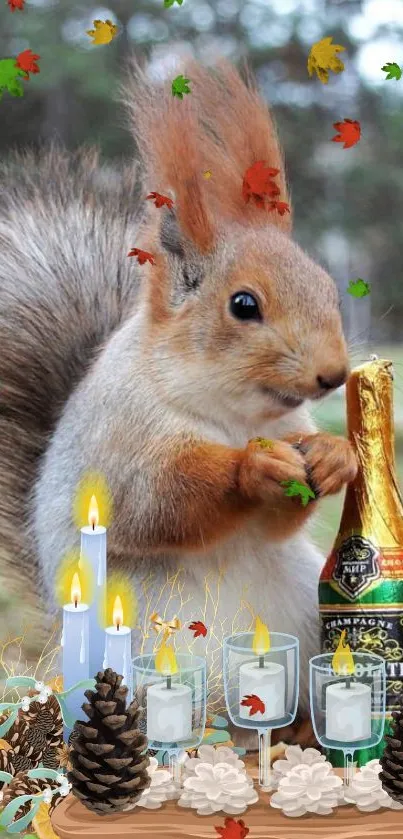 Squirrel with festive candles and pinecones in an autumn forest setting.