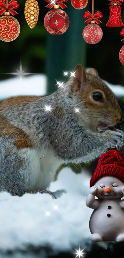 Squirrel in snow with festive Christmas ornaments hanging above.