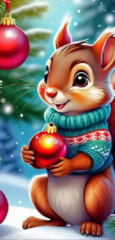 Squirrel in sweater with red holiday ornaments and a snowy background.