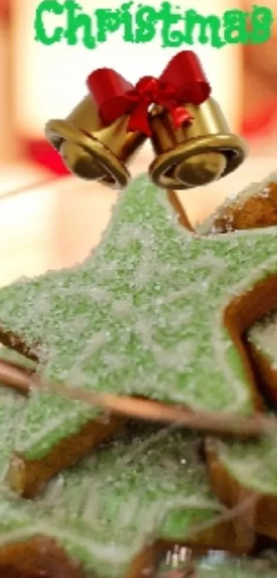 Green star-shaped Christmas cookies with sugar and festive background.