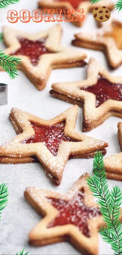 Star-shaped cookies with jam and green sprigs for a festive mobile wallpaper.