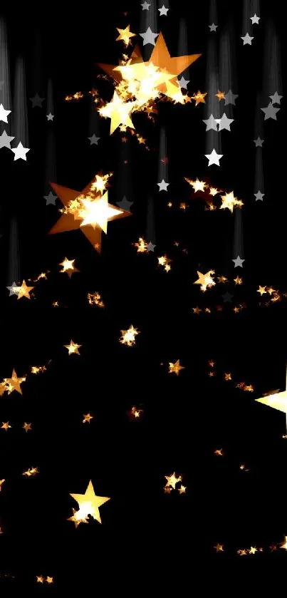 Glowing Christmas tree made of golden stars on a black background.