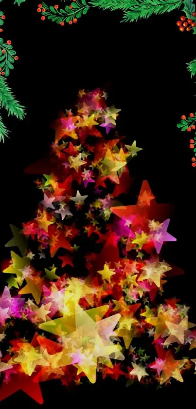 Colorful starry Christmas tree wallpaper with green branches on black background.