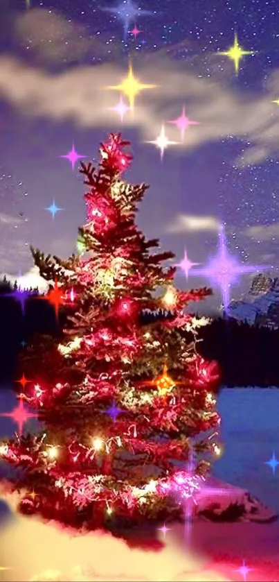 A decorated Christmas tree under a starry night sky.