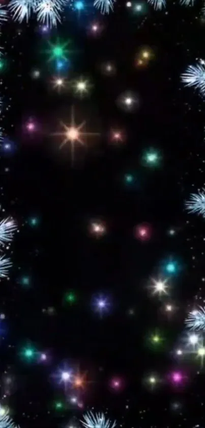 Festive starry night wallpaper with pine accents and colorful lights.