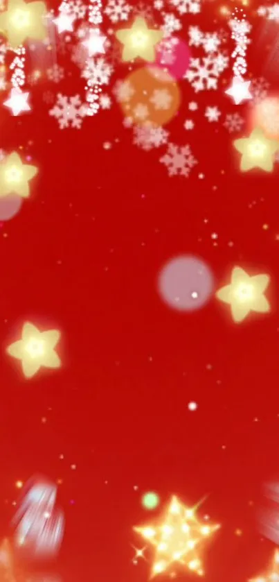 Vibrant red wallpaper with stars and festive holiday theme.