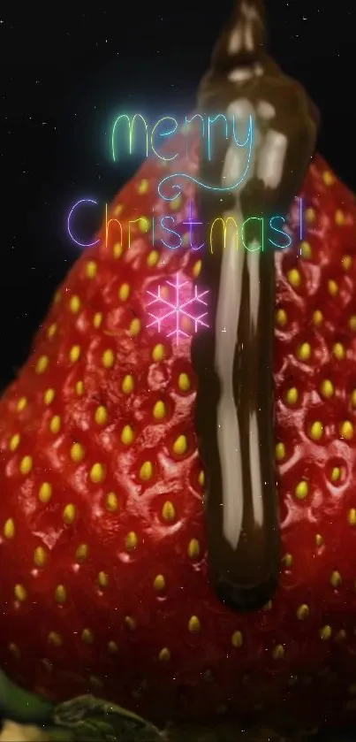 Christmas strawberry with chocolate and neon festive text.