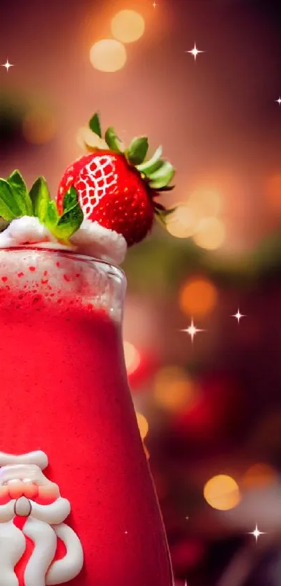 Holiday red drink with strawberries and Santa decoration.