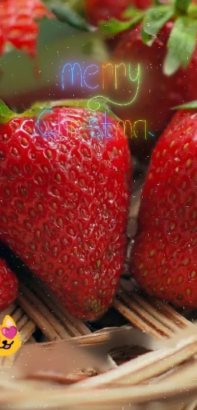 Festive wallpaper with strawberries and Merry Christmas text.