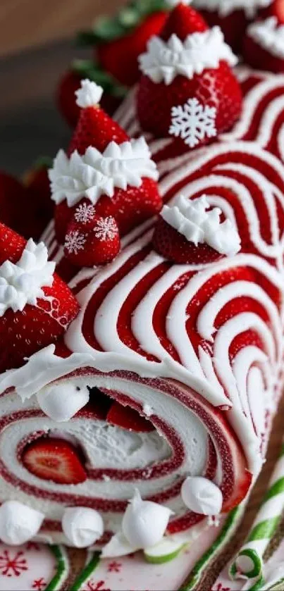 Festive strawberry yule log with cream and red swirls.