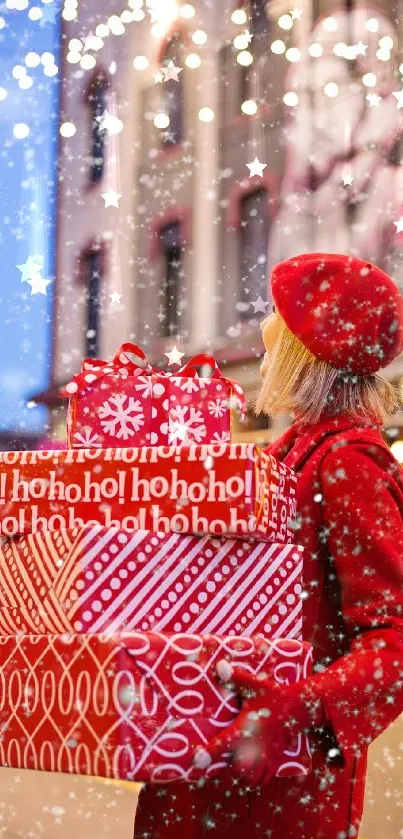 Woman in red coat carrying Christmas gifts on snowy street.