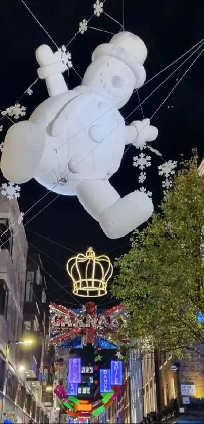 Festive street scene with a hanging snowman and colorful holiday lights.