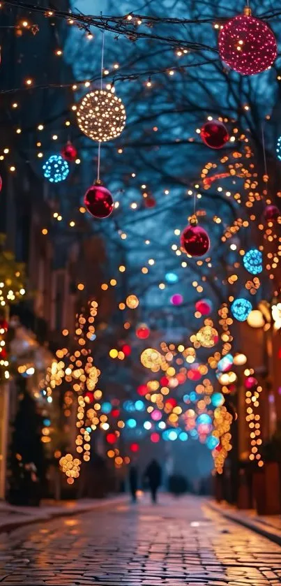 Street filled with festive twinkling lights and colorful decorations.
