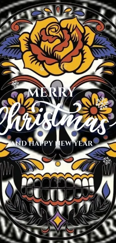 Festive sugar skull wallpaper with Christmas and New Year greetings.