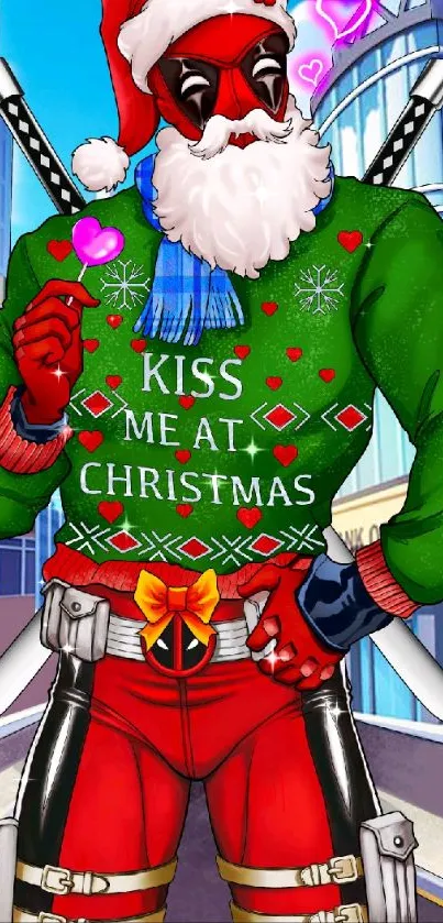 Cartoon superhero in Santa outfit with a festive Christmas sweater.