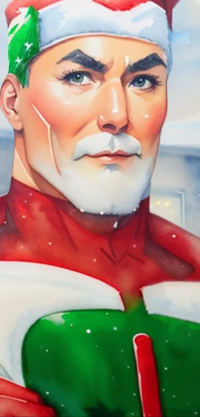 Festive superhero Santa wallpaper art with vibrant colors and holiday spirit.