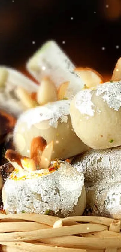 Traditional festive sweets in a basket with an orange bokeh background.