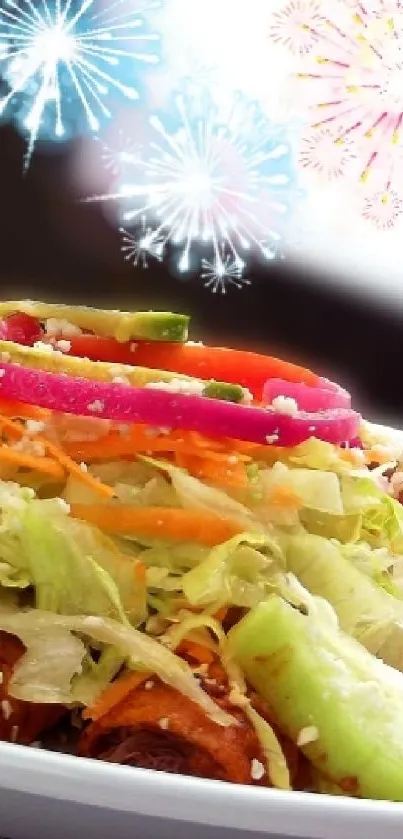 Taco platter with festive fireworks in background wallpaper.