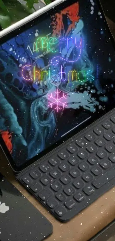 Christmas themed tech wallpaper with neon lights.